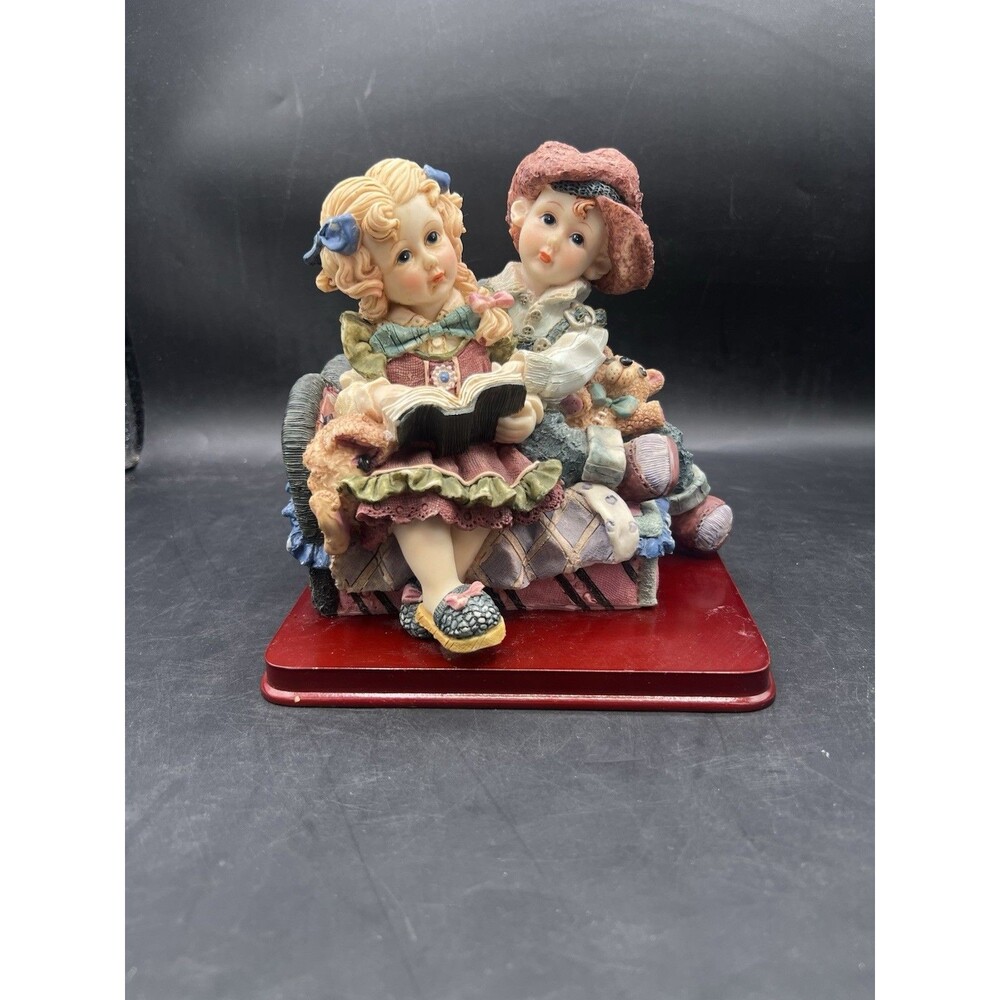 Vintage Victorian Boy Girl Reading Book on Sofa Resin Figurine Wood Base Decor